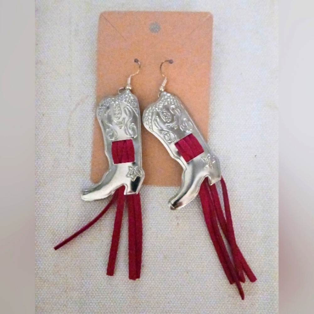 Hand-Crafted Silver and Red Boot Earrings. 2 Inches